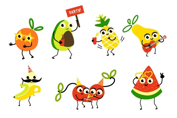 Ensemble de personnages de fruits ayant fête d'anniversaire amusant — Image vectorielle