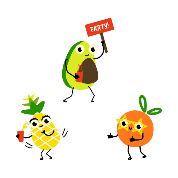 Juego de personajes de fiesta de verano de fruta plana vectorial — Vector de stock