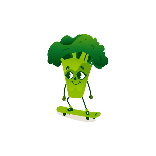 Karakter brokoli lucu dengan skating wajah manusia - Stok Vektor