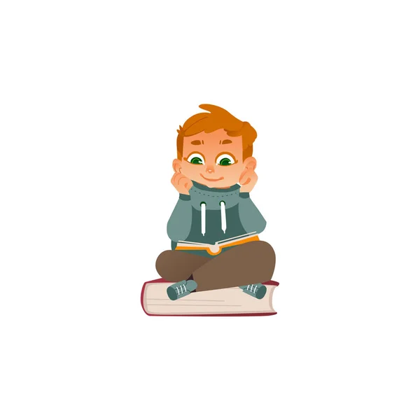 Vector cartoon boy reading sitting at big book — Stock Vector