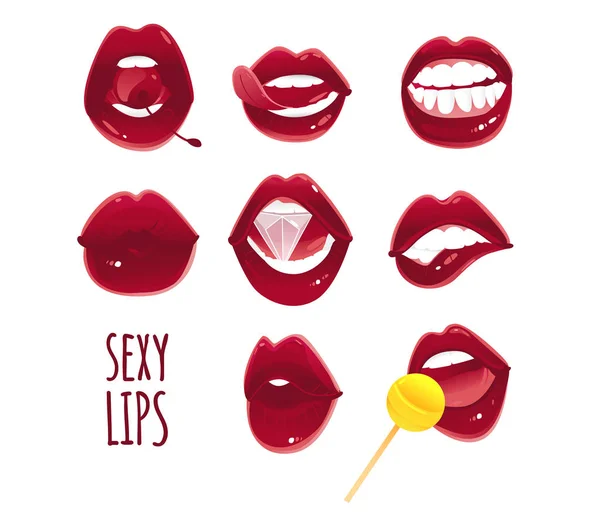 Set, colección de arte pop sexy labios femeninos rojos — Vector de stock