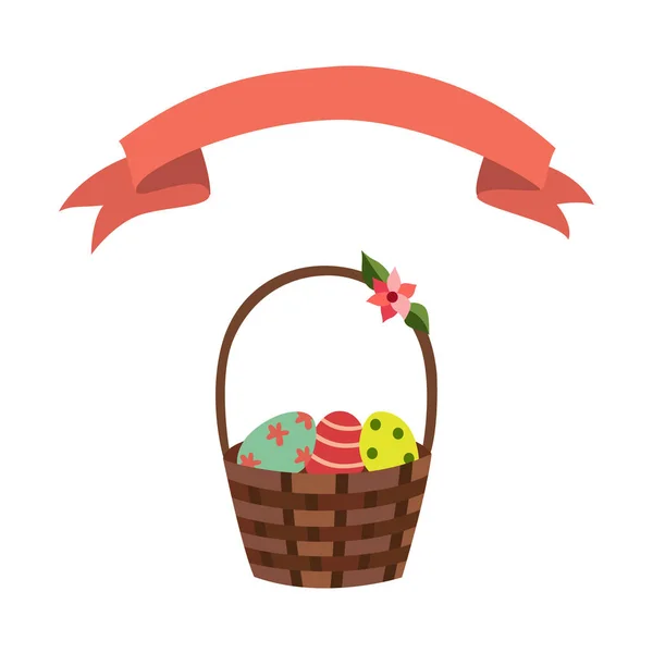 Vector flat wicker basket flowers easter ribbon — Stock Vector