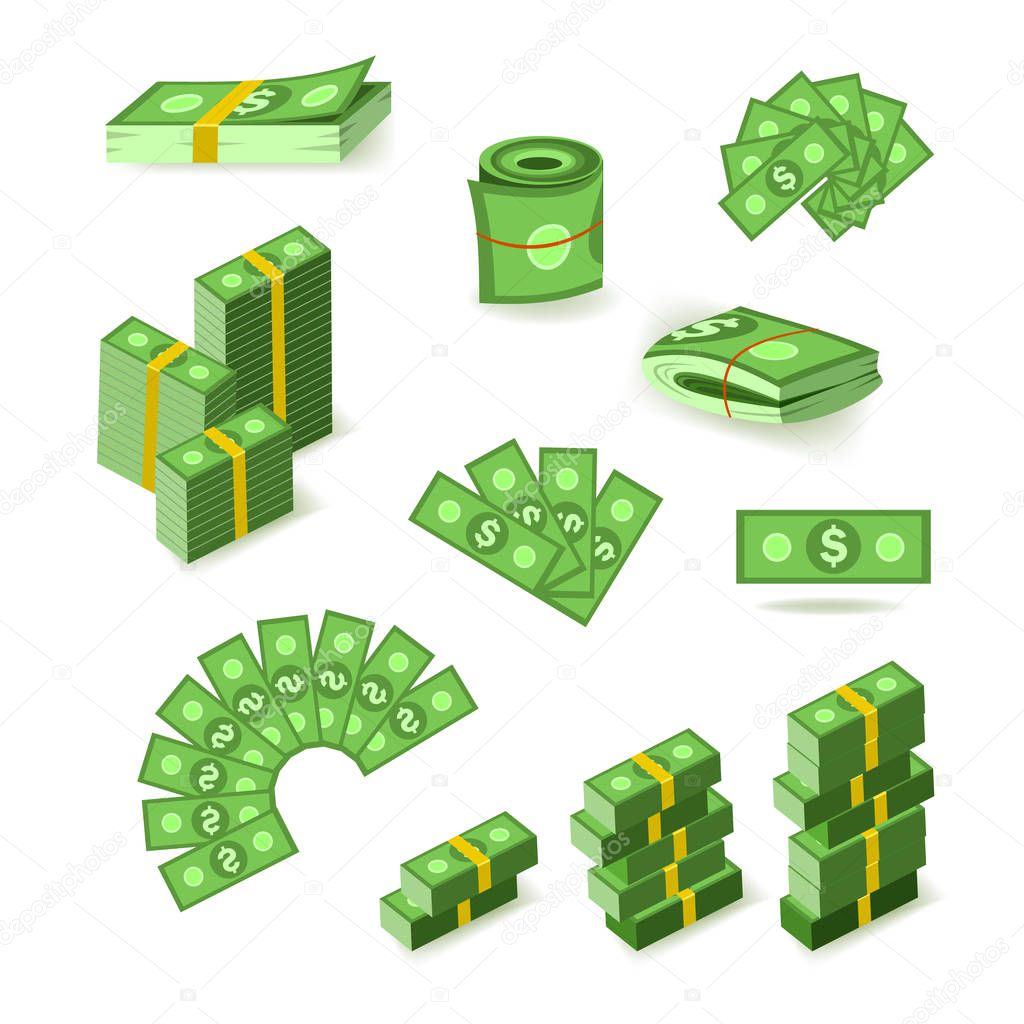 Wads, stacks, rolls and piles of dollar banknotes