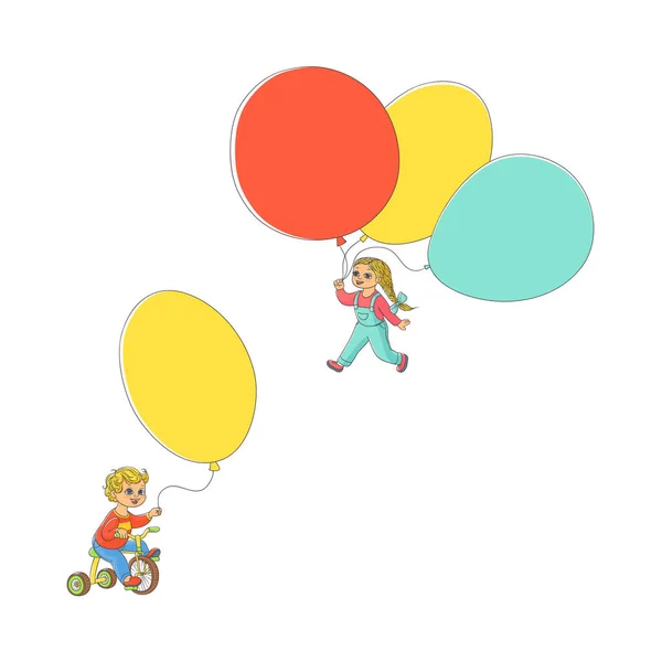 Vetor crianças planas com balões de ar conjunto — Vetor de Stock