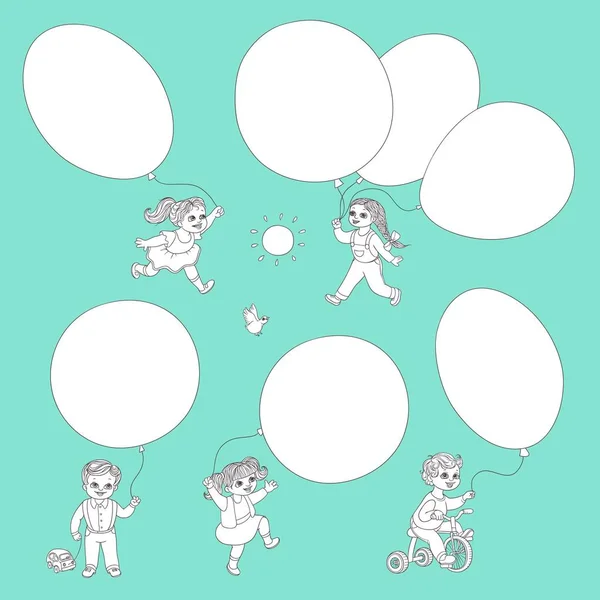 Vector plano monocromo niños con globos de aire conjunto — Vector de stock