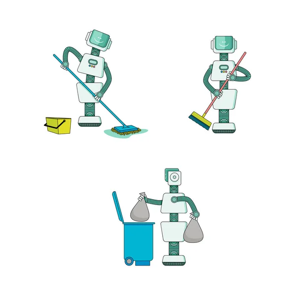 Robot haciendo la colección de tareas domésticas - androide limpia la casa, barre y lava el suelo, saca la basura . — Vector de stock