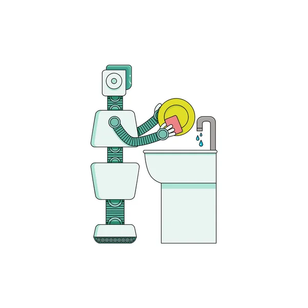 Robot assistant à domicile laver la vaisselle dans le lavabo de la cuisine isolé sur fond blanc . — Image vectorielle