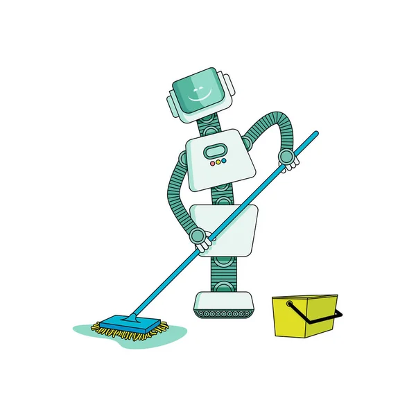 Robot haciendo tareas domésticas en la limpieza de la casa - lavado de piso con fregona húmeda aislada sobre fondo blanco . — Vector de stock