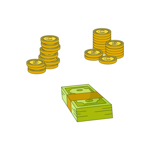 Vector flat cash money pile, stack, gold coin set — Stock Vector
