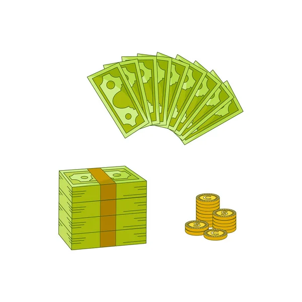 Vector flat cash money pile, stack, gold coin set — Stock Vector