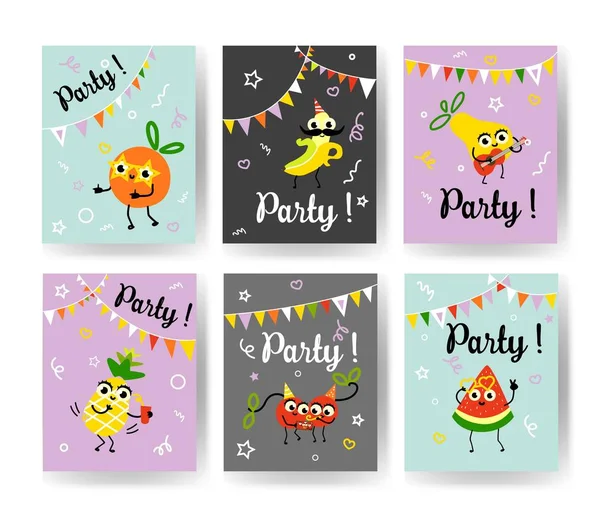 Fruit holiday party banners set with different ripe fruits and berries dancing, drinking cocktails and having fun. — Stock Vector