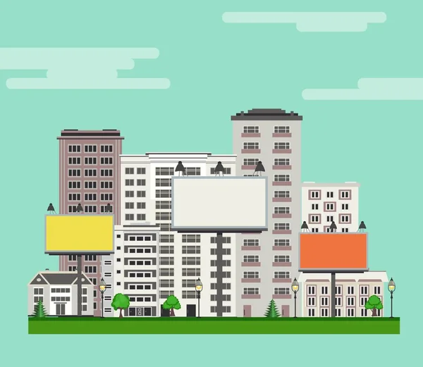 De skyline van de stad met multistorey appartement en kantoorgebouwen, groene bomen en grasveld, billboards. — Stockvector