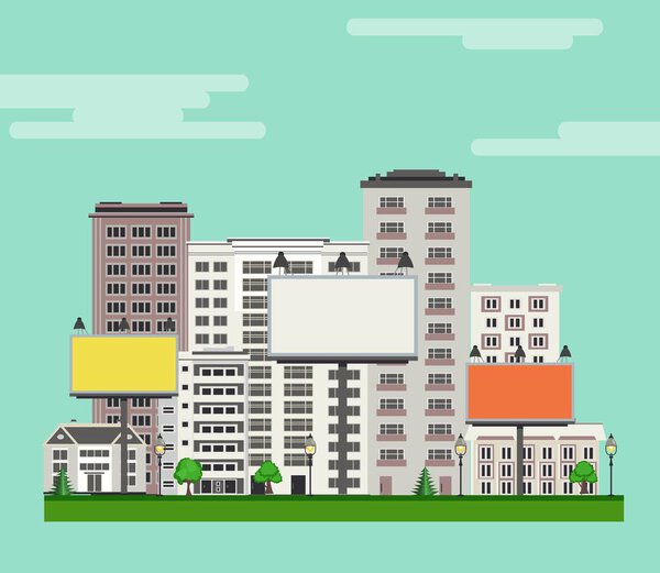 City skyline with multistorey apartment and office buildings, green trees and lawn, billboards.