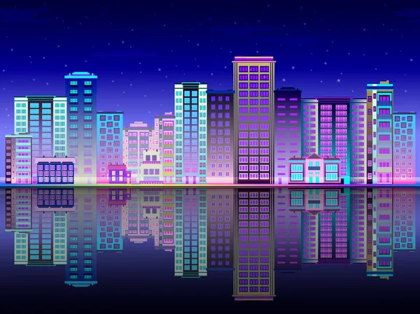 Ночной город в свете горизонта с многоэтажными зданиями, стоящими на берегу реки и отражением . — стоковый вектор