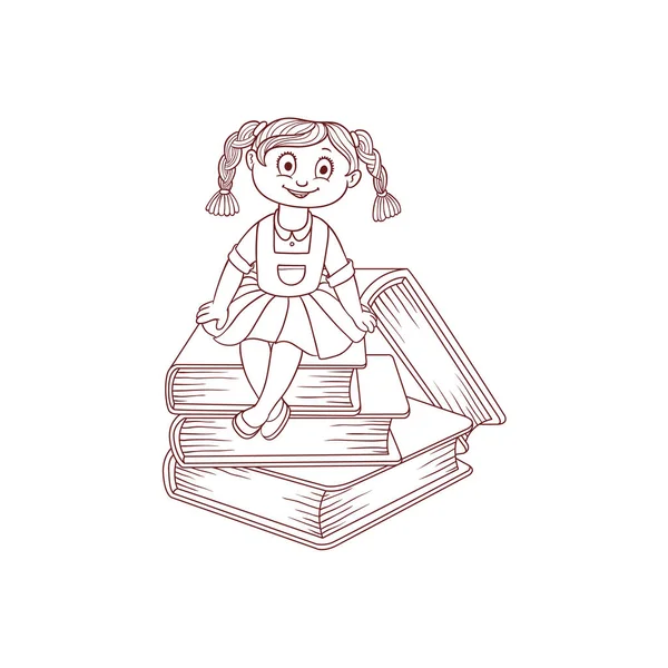 Schulmädchen sitzt auf Büchern Zeichentrickfigur isoliert auf weißem Hintergrund. — Stockvektor
