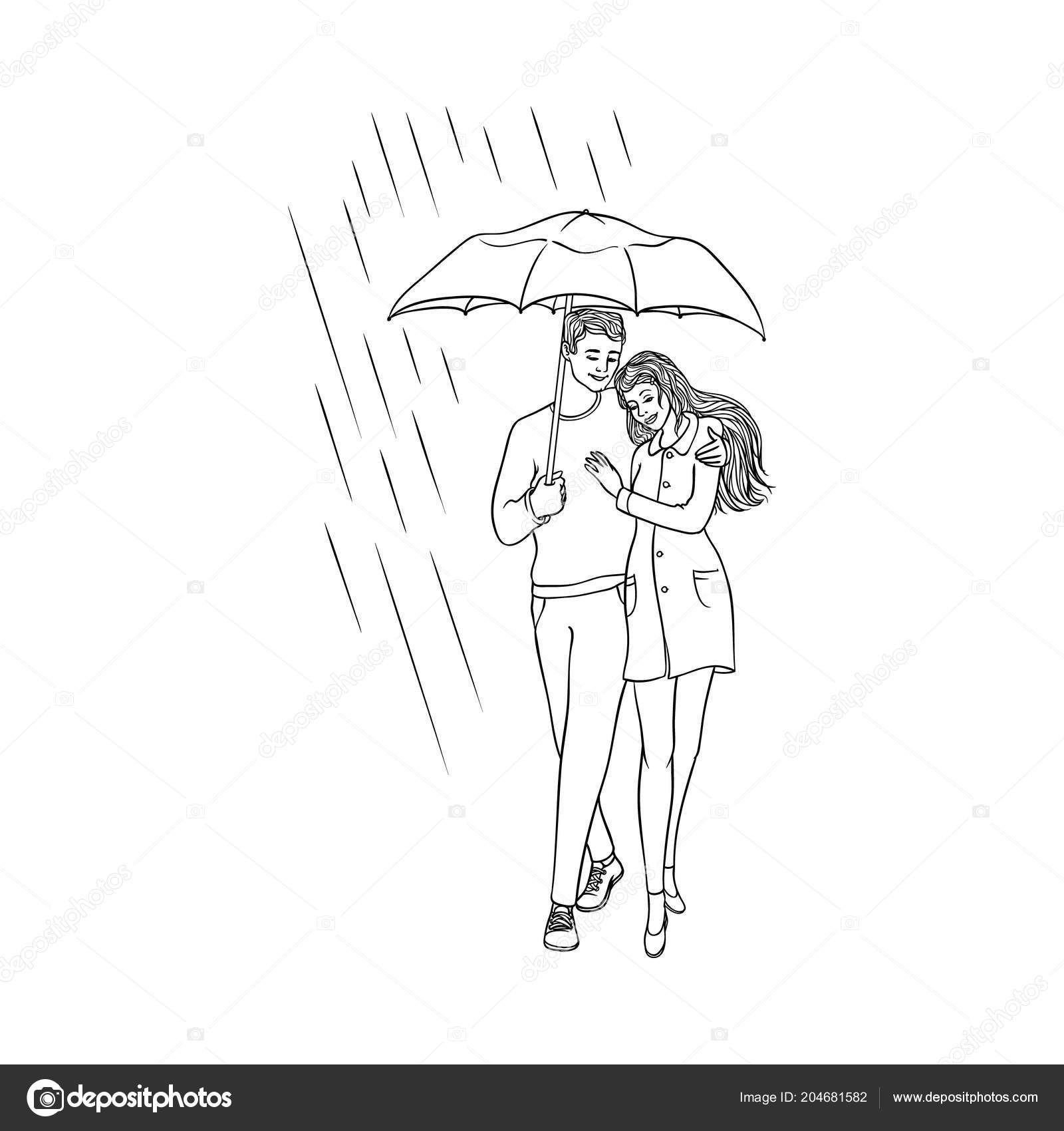 Images: sketch of couple in rain | Vector cartoon couple ...