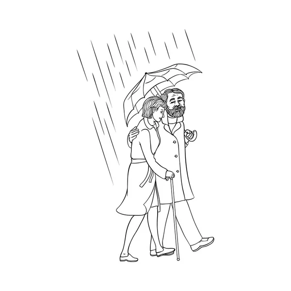 Вектор старша стара пара, що йде під парасолькою — стоковий вектор