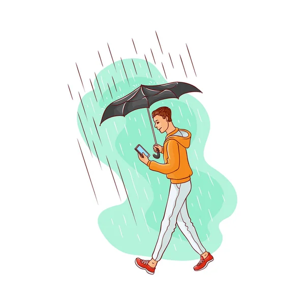Bosquejo vectorial hombre caminando paraguas de lluvia smartphone — Archivo Imágenes Vectoriales