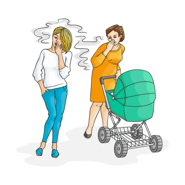 Vektoros rajz nő dohányzás közelében anya baba babakocsi — Stock Vector