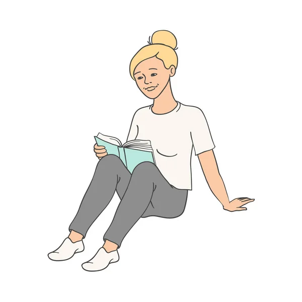 Boceto vectorial mujer adulta, libro de lectura de chica — Vector de stock