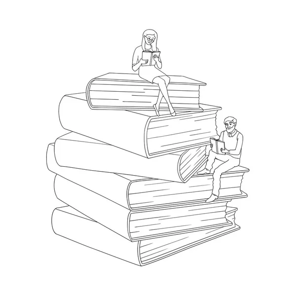 Векторные плоские взрослые люди, читающие книги у стопки — стоковый вектор
