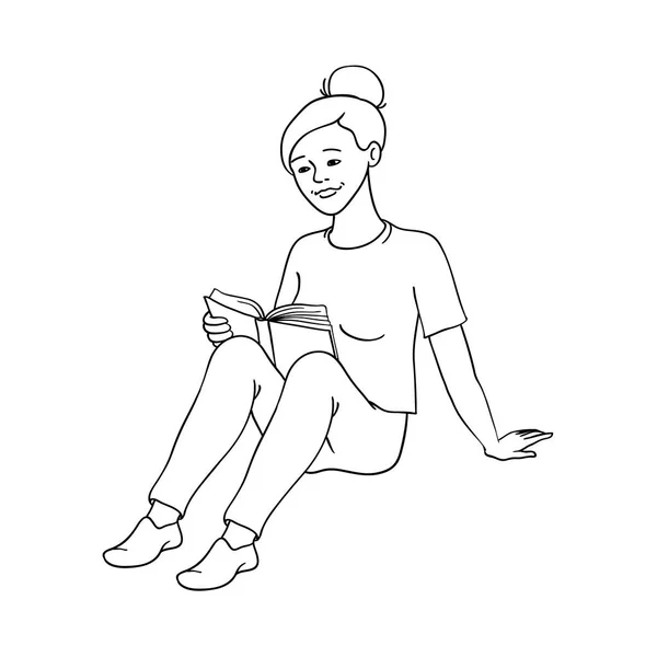 Boceto vectorial mujer adulta, libro de lectura de chica — Vector de stock