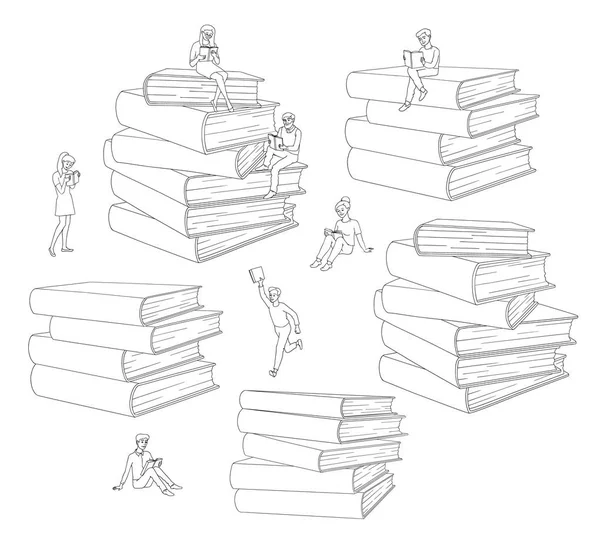 Διάνυσμα επίπεδη ενήλικα άτομα διαβάζουν βιβλία εκπαίδευσης σύνολο — Διανυσματικό Αρχείο