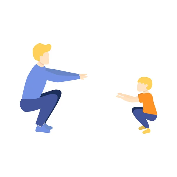 Vector plana hombre y niño niño haciendo ejercicios de sentadilla — Archivo Imágenes Vectoriales