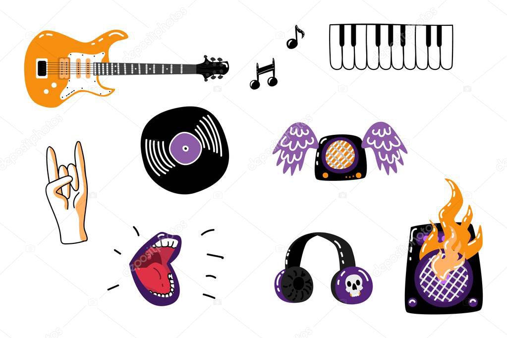 Vector rock music attributes symbols icon set