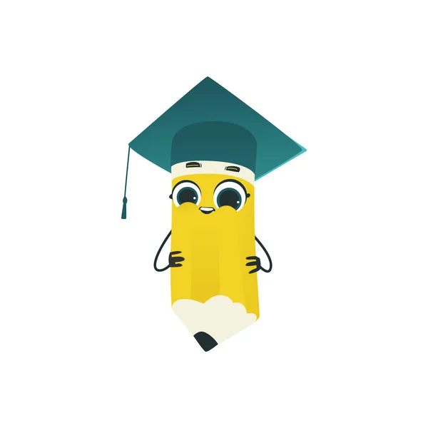 Cute pencil cartoon character in square academic cap isolated on white background. — Stock Vector