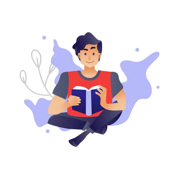 Young boy studying or relaxing with reading book. — Stock Vector