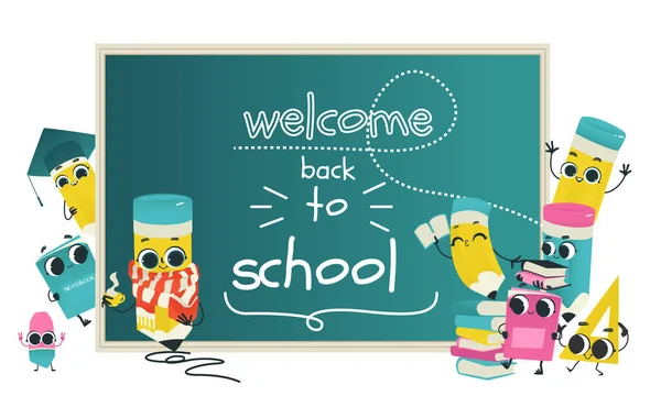 Affiche vectorielle de retour à l'école avec caractère crayon — Image vectorielle