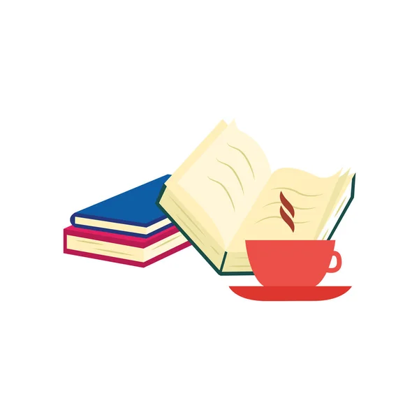 Closed and open paper books with colorful cover and cup of hot coffee or tea with steam.