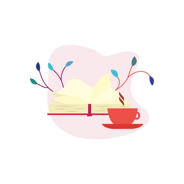 Öppna papper bok med röd inbunden och kopp hett kaffe eller te. — Stock vektor