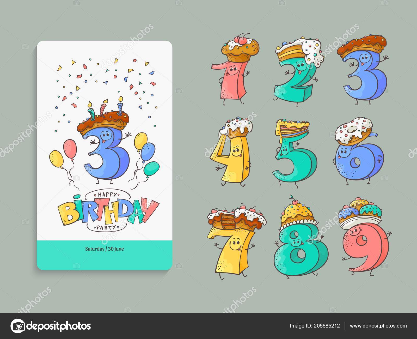 Birthday anniversary numbers cartoon characters and invitation card  template set. Stock Vector Image by ©Sabelskaya #205685212