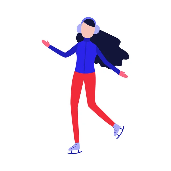 Chica en auriculares patinaje sobre hielo al aire libre en invierno — Vector de stock