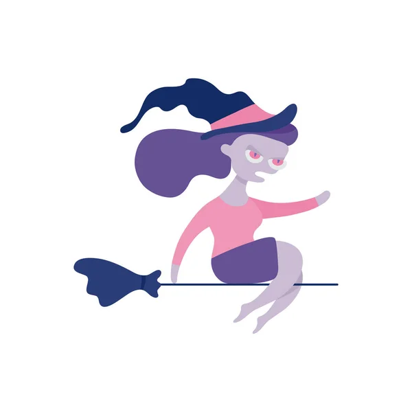 Kísérteties nő boszorkány kalap repül a seprű — Stock Vector