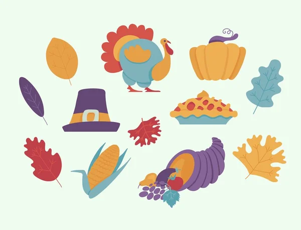 Éléments du jour de Thanksgiving pour la conception de vacances dans le style plat - symboles de l'abondance alimentaire . — Image vectorielle