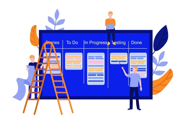 Vector hombre plano con kanban scrum tablero ágil — Vector de stock