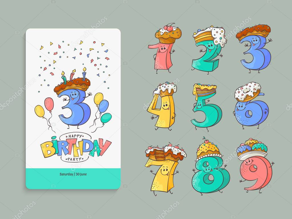 Birthday anniversary numbers cartoon characters and invitation card template set.