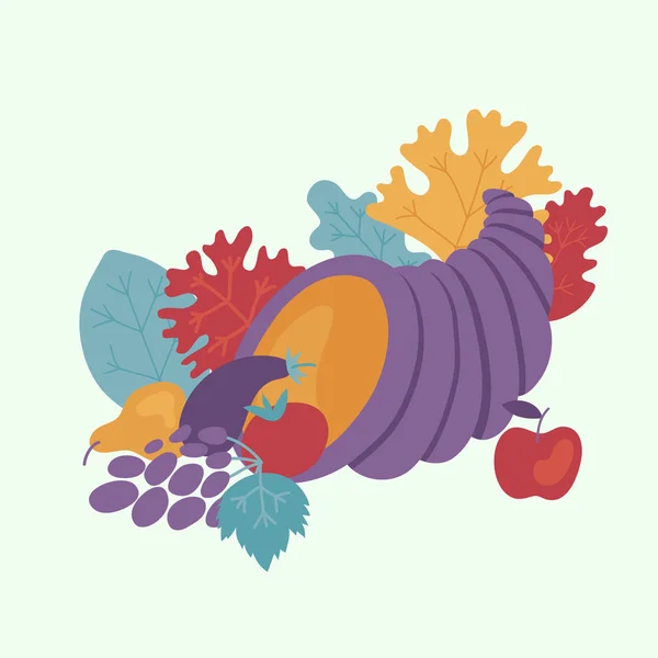 Selamat hari Thanksgiving desain elemen dengan cornucopia penuh sayuran matang dan buah-buahan . - Stok Vektor