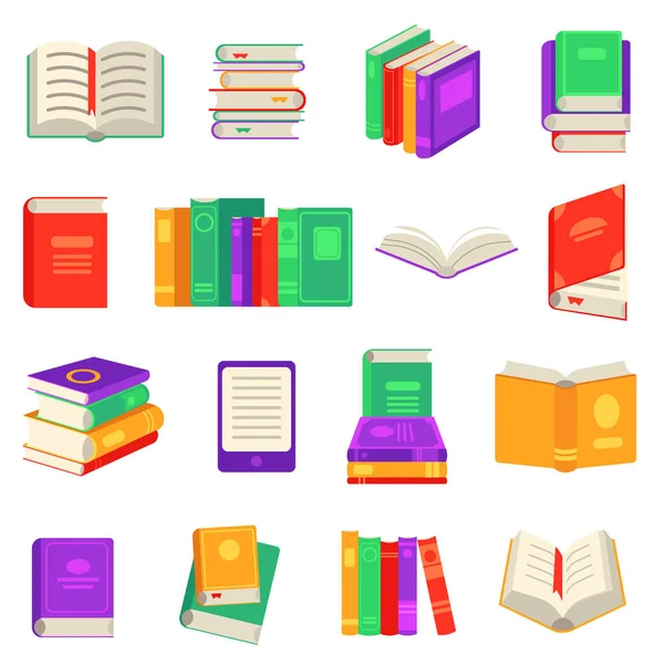 Conjunto de libros de papel y electrónicos con varios objetos de lectura cerrados y abiertos aislados sobre fondo blanco . — Vector de stock