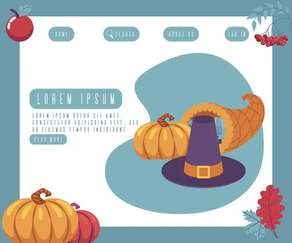 Den díkůvzdání tradiční symboly na pozdrav webové stránky šablony s podzimní ovoce a zeleninu. — Stockový vektor