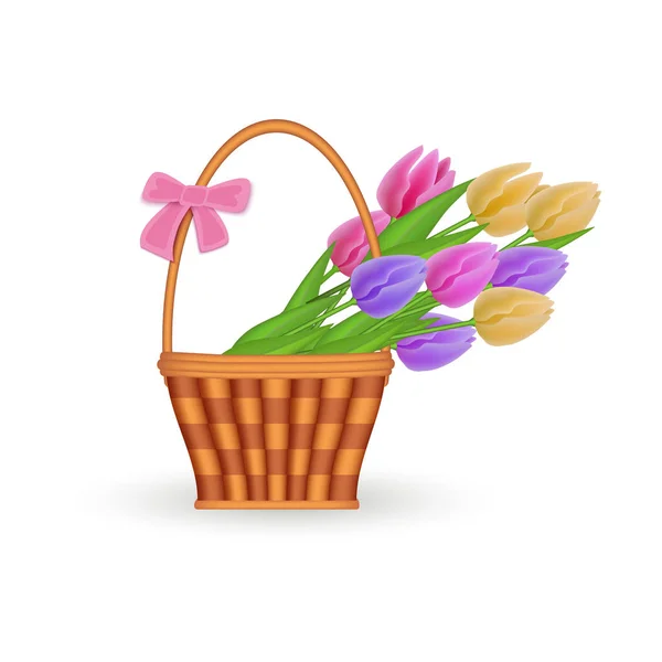 Panier en osier plat vectoriel avec icône de Pâques fleurs — Image vectorielle