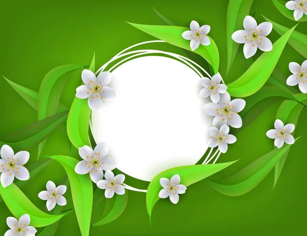 흰색 애플 또는 벚꽃과 복사 공간을 가진 빈 배지 주위 녹색 잎과 꽃 배너. — 스톡 벡터