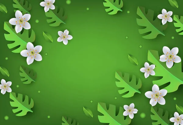 Bandeira floral com flores brancas de maçã ou cereja e folhas de monstera verde com espaço de cópia . — Vetor de Stock