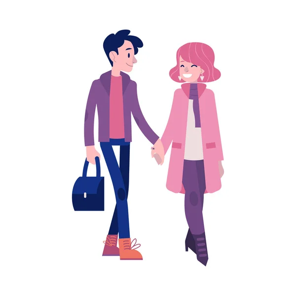 Ilustración vectorial de pareja caminando en ropa de otoño cogida de la mano . — Vector de stock