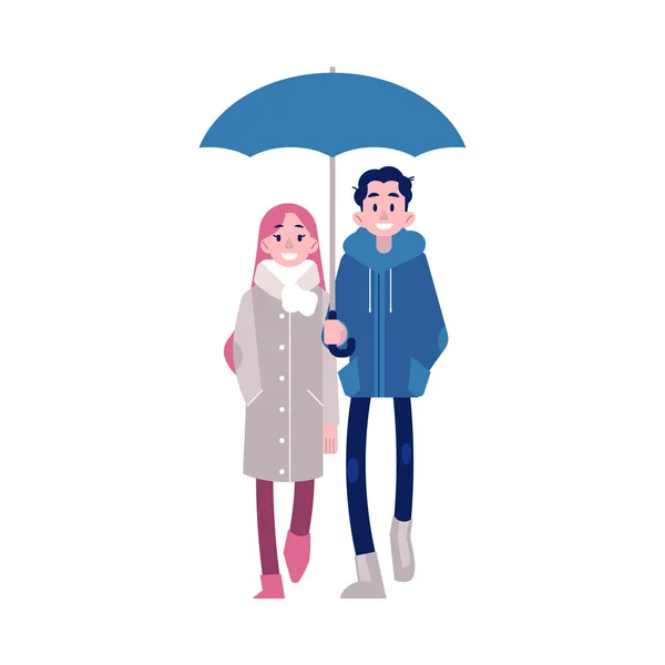 Векторная иллюстрация молодой пары, идущей под зонтиком в плоском стиле на белом фоне . — стоковый вектор