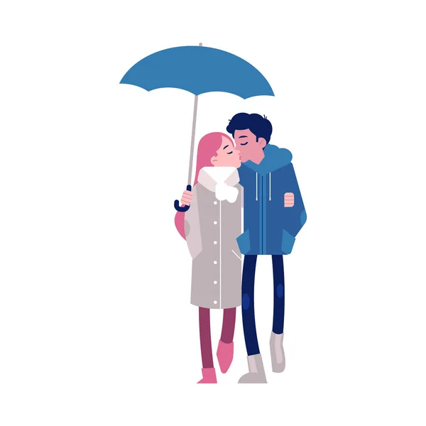 Векторная иллюстрация влюбленной пары целующейся под зонтиком в плоском стиле на белом фоне . — стоковый вектор