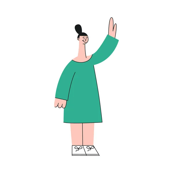 Mujer vectorial saludando mano a colegas — Vector de stock